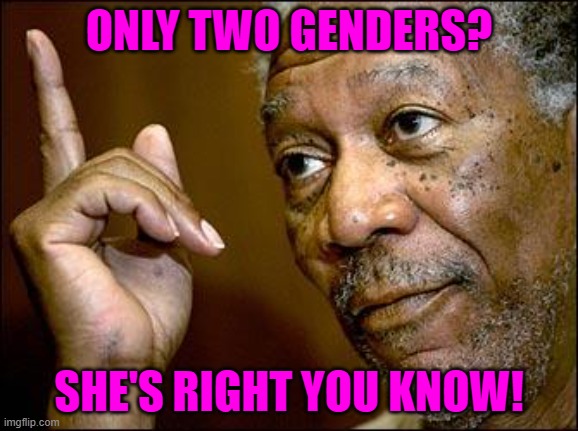 This Morgan Freeman | ONLY TWO GENDERS? SHE'S RIGHT YOU KNOW! | image tagged in this morgan freeman | made w/ Imgflip meme maker