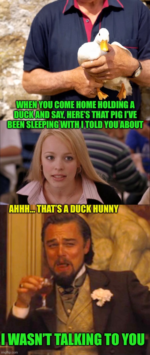 Joke old joke i heard on the sopranos | WHEN YOU COME HOME HOLDING A DUCK AND SAY, HERE’S THAT PIG I’VE BEEN SLEEPING WITH I TOLD YOU ABOUT; AHHH… THAT’S A DUCK HUNNY; I WASN’T TALKING TO YOU | image tagged in memes,its not going to happen,laughing leo | made w/ Imgflip meme maker