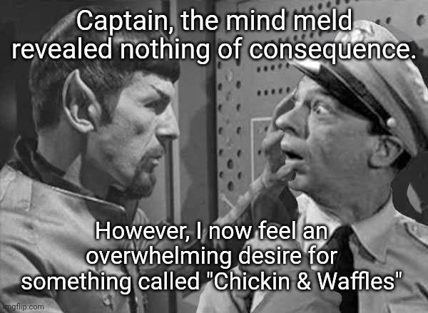Spock and fife | Captain, the mind meld revealed nothing of consequence. However, I now feel an overwhelming desire for something called "Chickin & Waffles" | image tagged in spock and fife | made w/ Imgflip meme maker