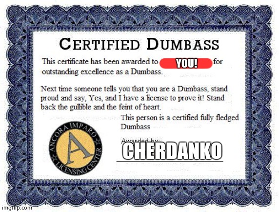 Dumbass award | YOU! CHERDANKO | image tagged in dumbass award | made w/ Imgflip meme maker