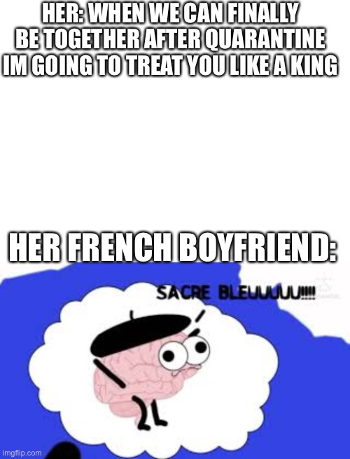 Scare bleu | HER: WHEN WE CAN FINALLY BE TOGETHER AFTER QUARANTINE IM GOING TO TREAT YOU LIKE A KING; HER FRENCH BOYFRIEND: | image tagged in blank white template | made w/ Imgflip meme maker