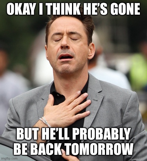 relieved rdj | OKAY I THINK HE’S GONE; BUT HE’LL PROBABLY BE BACK TOMORROW | image tagged in relieved rdj | made w/ Imgflip meme maker