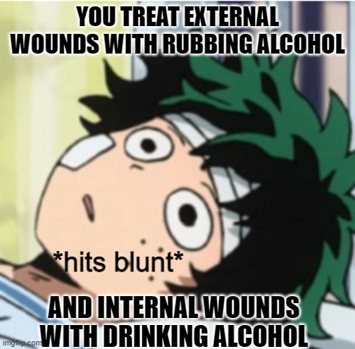 Hits blunt deku ver. | YOU TREAT EXTERNAL WOUNDS WITH RUBBING ALCOHOL; AND INTERNAL WOUNDS WITH DRINKING ALCOHOL | image tagged in hits blunt deku ver | made w/ Imgflip meme maker