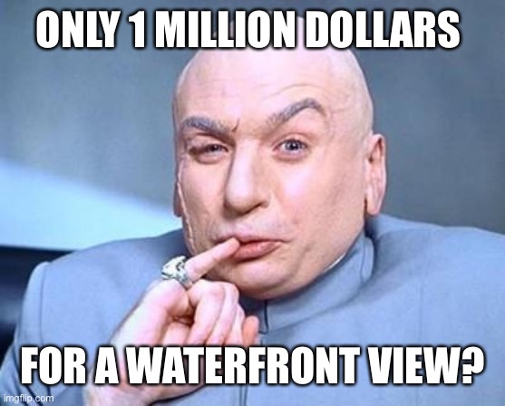 It’s not free real estate: Housing prices | ONLY 1 MILLION DOLLARS; FOR A WATERFRONT VIEW? | image tagged in one million dollars,house,real estate,it's free real estate | made w/ Imgflip meme maker