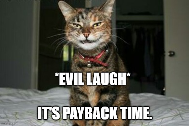 Evil Smile Cat | *EVIL LAUGH* IT'S PAYBACK TIME. | image tagged in evil smile cat | made w/ Imgflip meme maker