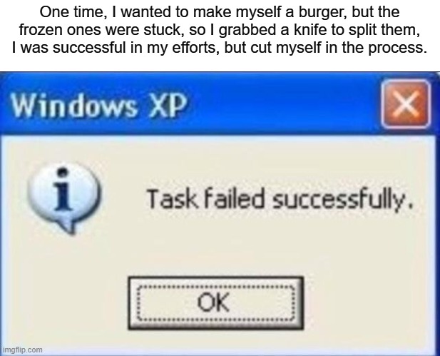 Task failed successfully | One time, I wanted to make myself a burger, but the frozen ones were stuck, so I grabbed a knife to split them, I was successful in my efforts, but cut myself in the process. | image tagged in task failed successfully | made w/ Imgflip meme maker