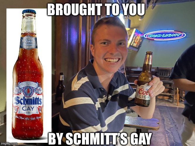 Schmitts Gay | BROUGHT TO YOU; BY SCHMITT’S GAY | image tagged in beer | made w/ Imgflip meme maker