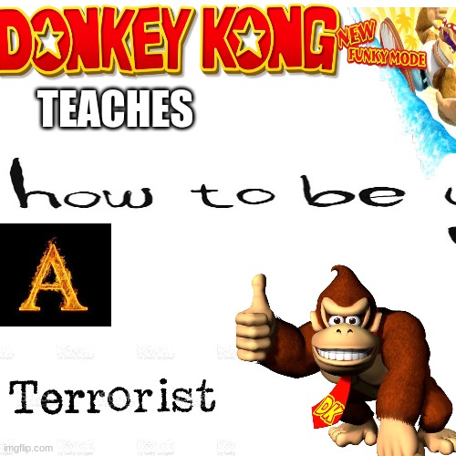 donkey kong teaches how to be a terrorist | TEACHES | image tagged in memes,blank transparent square,donkey kong,terrorist | made w/ Imgflip meme maker