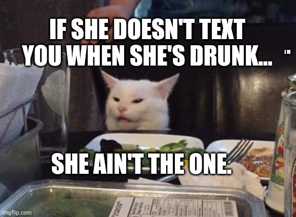 Salad cat | IF SHE DOESN'T TEXT YOU WHEN SHE'S DRUNK... J M; SHE AIN'T THE ONE. | image tagged in salad cat | made w/ Imgflip meme maker
