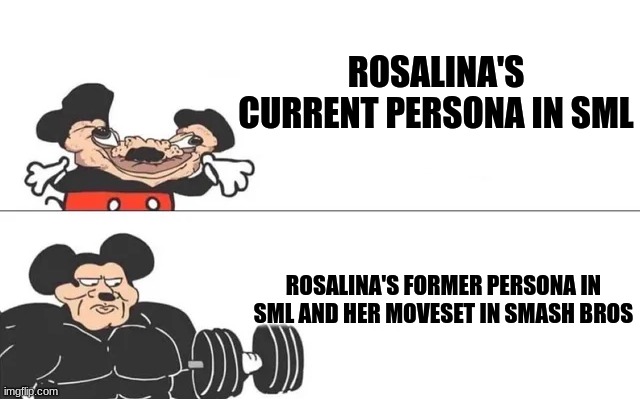 I don't like both her puppet design in sml and her current personsa. WHAT HAPPEND TO STAR PUNS?! | ROSALINA'S CURRENT PERSONA IN SML; ROSALINA'S FORMER PERSONA IN SML AND HER MOVESET IN SMASH BROS | image tagged in mickey mouse drake | made w/ Imgflip meme maker