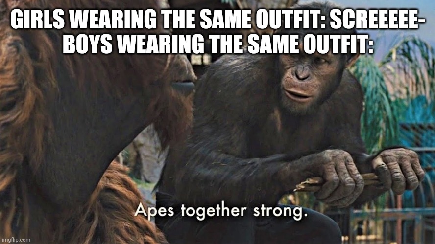 Ape together strong | GIRLS WEARING THE SAME OUTFIT: SCREEEEE-
BOYS WEARING THE SAME OUTFIT: | image tagged in ape together strong | made w/ Imgflip meme maker