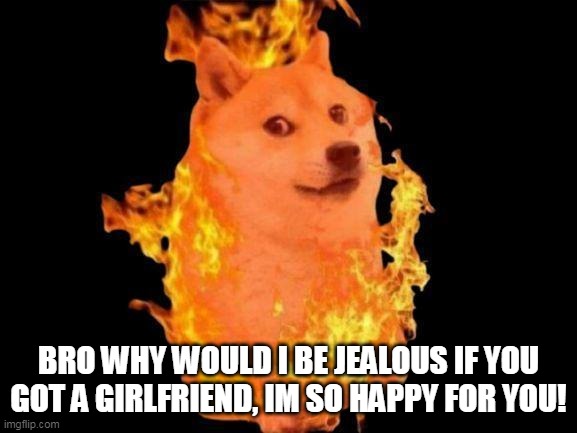 bro why | BRO WHY WOULD I BE JEALOUS IF YOU GOT A GIRLFRIEND, IM SO HAPPY FOR YOU! | image tagged in doge jealous,fire,doge,cheems,jealousy | made w/ Imgflip meme maker