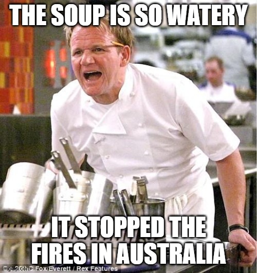 Chef Gordon Ramsay | THE SOUP IS SO WATERY; IT STOPPED THE FIRES IN AUSTRALIA | image tagged in memes,chef gordon ramsay | made w/ Imgflip meme maker