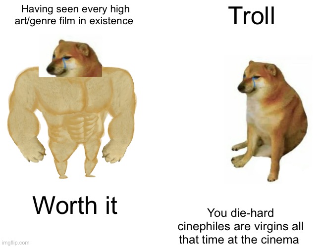 Buff Doge vs. Cheems | Having seen every high art/genre film in existence; Troll; Worth it; You die-hard cinephiles are virgins all that time at the cinema | image tagged in memes,buff doge vs cheems,movies | made w/ Imgflip meme maker