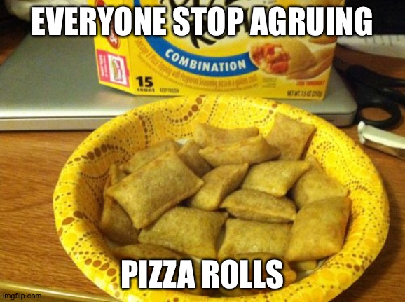 Idk | EVERYONE STOP AGRUING; PIZZA ROLLS | image tagged in memes,good guy pizza rolls | made w/ Imgflip meme maker