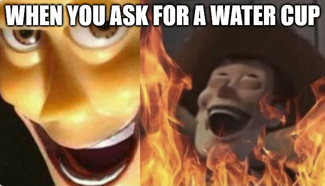 Satanic woody (no spacing) | WHEN YOU ASK FOR A WATER CUP | image tagged in satanic woody no spacing | made w/ Imgflip meme maker