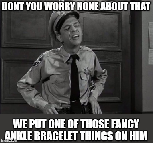 Barney Fife | DONT YOU WORRY NONE ABOUT THAT WE PUT ONE OF THOSE FANCY ANKLE BRACELET THINGS ON HIM | image tagged in barney fife | made w/ Imgflip meme maker