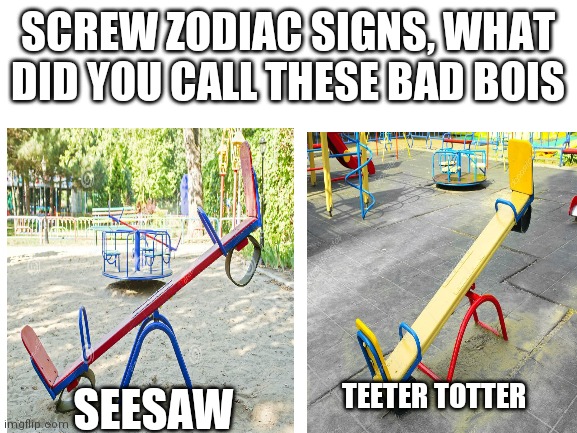 I called them Teeter Totters | SCREW ZODIAC SIGNS, WHAT DID YOU CALL THESE BAD BOIS; TEETER TOTTER; SEESAW | image tagged in blank white template | made w/ Imgflip meme maker