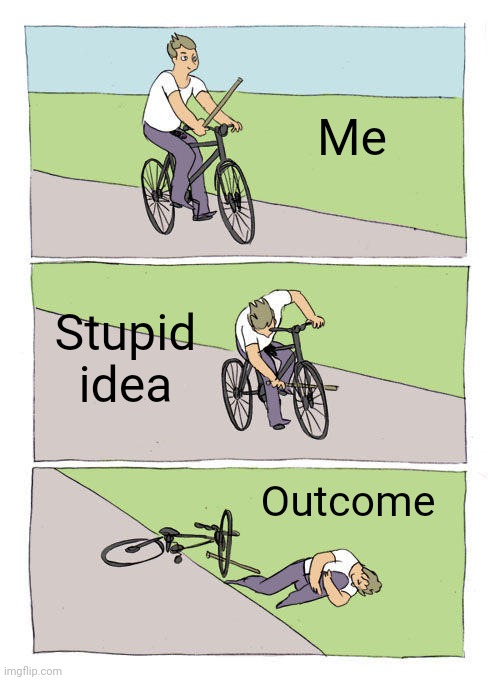 Bike Fall Meme | Me; Stupid idea; Outcome | image tagged in memes,bike fall | made w/ Imgflip meme maker