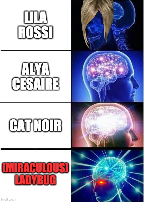 MLB characters lol | LILA ROSSI; ALYA CESAIRE; CAT NOIR; (MIRACULOUS) LADYBUG | image tagged in memes,expanding brain,miraculous,miraculous ladybug,mlb | made w/ Imgflip meme maker