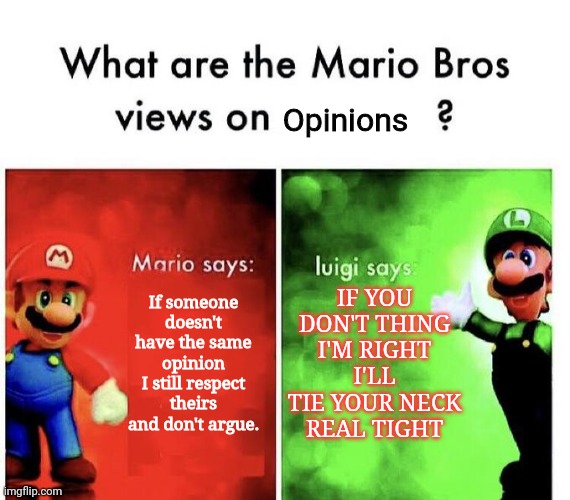Gn yall | Opinions; IF YOU DON'T THING I'M RIGHT I'LL TIE YOUR NECK REAL TIGHT; If someone doesn't have the same opinion I still respect theirs and don't argue. | image tagged in mario bros views | made w/ Imgflip meme maker