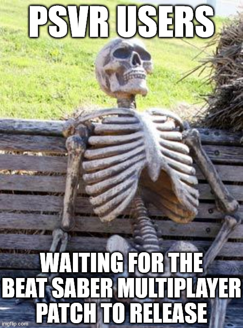 Yep... | PSVR USERS; WAITING FOR THE BEAT SABER MULTIPLAYER PATCH TO RELEASE | image tagged in memes,waiting skeleton,psvr,beat saber,vr,endless wait | made w/ Imgflip meme maker