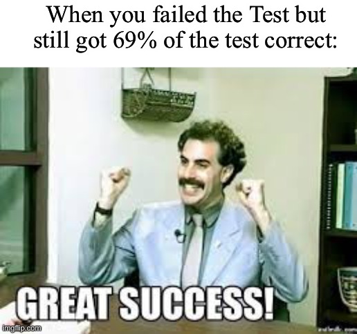 Very Great success | When you failed the Test but still got 69% of the test correct: | image tagged in great success | made w/ Imgflip meme maker