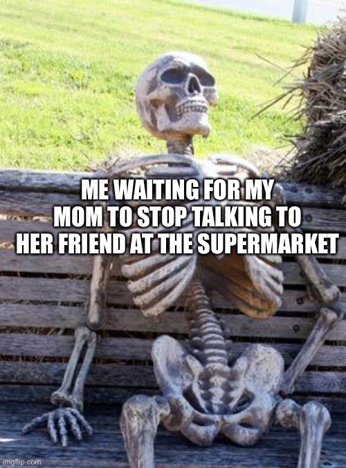 Uh mom it’s our turn at the cashier so stop talking to your friend | ME WAITING FOR MY MOM TO STOP TALKING TO HER FRIEND AT THE SUPERMARKET | image tagged in memes,waiting skeleton | made w/ Imgflip meme maker
