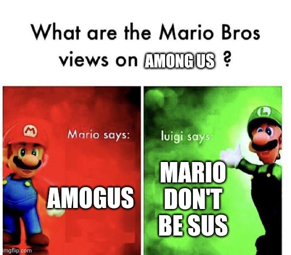 Mario Bros Views | AMONG US; AMOGUS; MARIO DON'T BE SUS | image tagged in mario bros views | made w/ Imgflip meme maker