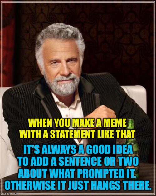 The Most Interesting Man In The World Meme | WHEN YOU MAKE A MEME WITH A STATEMENT LIKE THAT IT'S ALWAYS A GOOD IDEA TO ADD A SENTENCE OR TWO ABOUT WHAT PROMPTED IT.  OTHERWISE IT JUST  | image tagged in memes,the most interesting man in the world | made w/ Imgflip meme maker