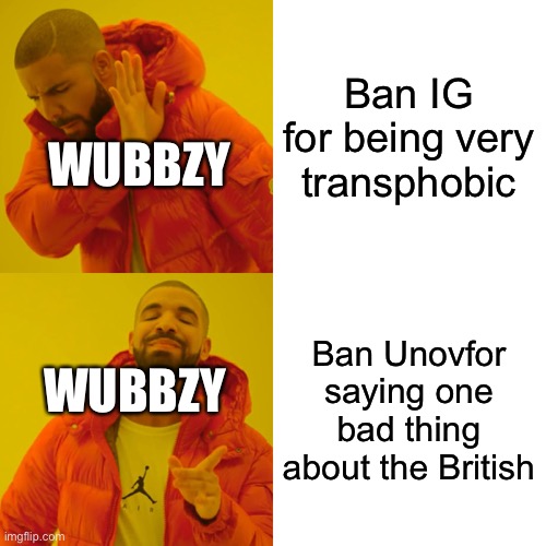 In his inner circle=Wubbzy doesn’t care what the hell you do. | Ban IG for being very transphobic; WUBBZY; Ban Unovfor saying one bad thing about the British; WUBBZY | image tagged in memes,drake hotline bling | made w/ Imgflip meme maker