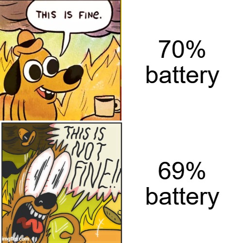 free opal apples | 70% battery; 69% battery | image tagged in this is fine,funny,meme | made w/ Imgflip meme maker