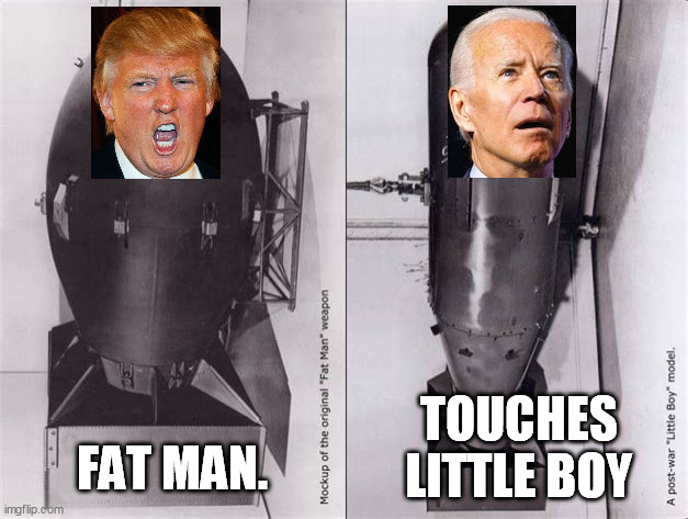  TOUCHES LITTLE BOY; FAT MAN. | image tagged in bad pun,biden is a pervert,american politics | made w/ Imgflip meme maker