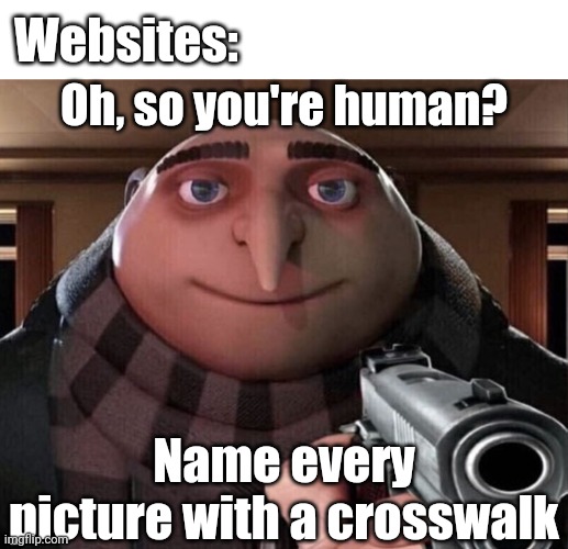 Traffic lights, car, buses, etc |  Websites:; Oh, so you're human? Name every picture with a crosswalk | image tagged in memes,blank transparent square,gru gun | made w/ Imgflip meme maker