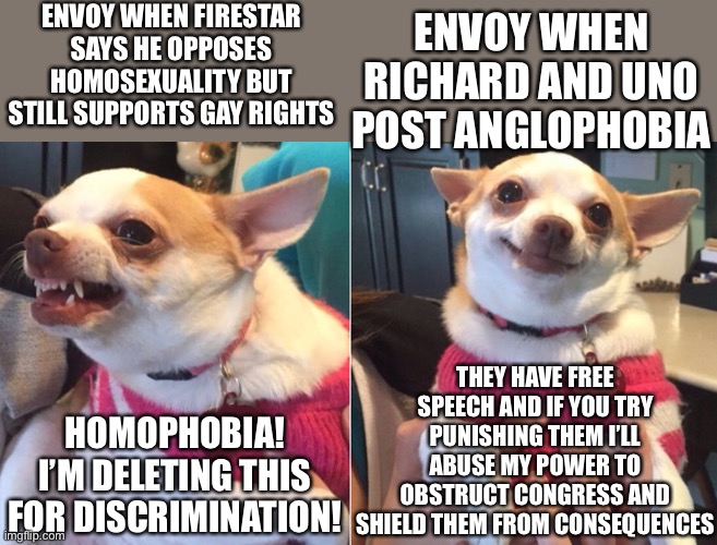 I’m not saying I agree with Firestar or support banning Uno. Just pointing out Envoy’s hypocrisy. | ENVOY WHEN FIRESTAR SAYS HE OPPOSES HOMOSEXUALITY BUT STILL SUPPORTS GAY RIGHTS; ENVOY WHEN RICHARD AND UNO POST ANGLOPHOBIA; THEY HAVE FREE SPEECH AND IF YOU TRY PUNISHING THEM I’LL ABUSE MY POWER TO OBSTRUCT CONGRESS AND SHIELD THEM FROM CONSEQUENCES; HOMOPHOBIA! I’M DELETING THIS FOR DISCRIMINATION! | image tagged in memes,politics,funny,hypocrisy,double standards | made w/ Imgflip meme maker