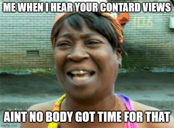 Aint no body got time for that | ME WHEN I HEAR YOUR CONTARD VIEWS AINT NO BODY GOT TIME FOR THAT | image tagged in aint no body got time for that | made w/ Imgflip meme maker