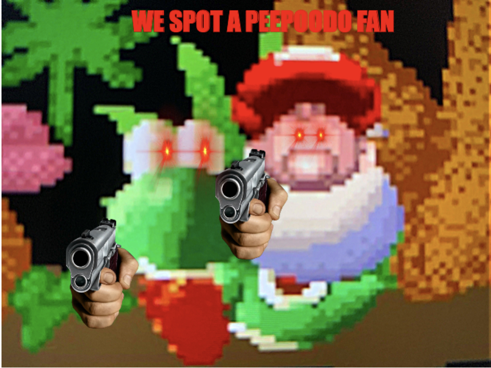 High Quality Yoshi and baby Mario spots a peepoodo fan Blank Meme Template