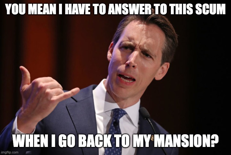 Josh Hawley Traitor | YOU MEAN I HAVE TO ANSWER TO THIS SCUM WHEN I GO BACK TO MY MANSION? | image tagged in josh hawley traitor | made w/ Imgflip meme maker