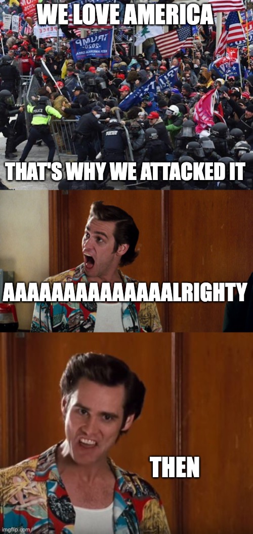 WE LOVE AMERICA THAT'S WHY WE ATTACKED IT AAAAAAAAAAAAAALRIGHTY THEN | image tagged in cop-killer maga right wing capitol riot january 6th,ace ventura alrighty then,alrighty then | made w/ Imgflip meme maker