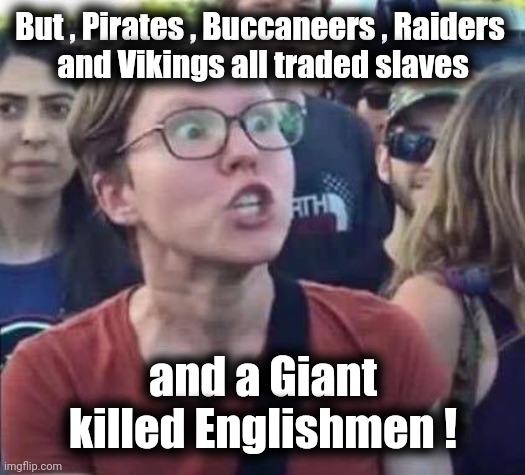 Angry Liberal | But , Pirates , Buccaneers , Raiders 
and Vikings all traded slaves and a Giant killed Englishmen ! | image tagged in angry liberal | made w/ Imgflip meme maker