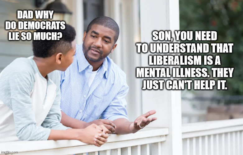 liberalism is a mental illness | DAD WHY DO DEMOCRATS LIE SO MUCH? SON, YOU NEED TO UNDERSTAND THAT LIBERALISM IS A MENTAL ILLNESS. THEY JUST CAN'T HELP IT. | image tagged in liberalism is a mental illness | made w/ Imgflip meme maker