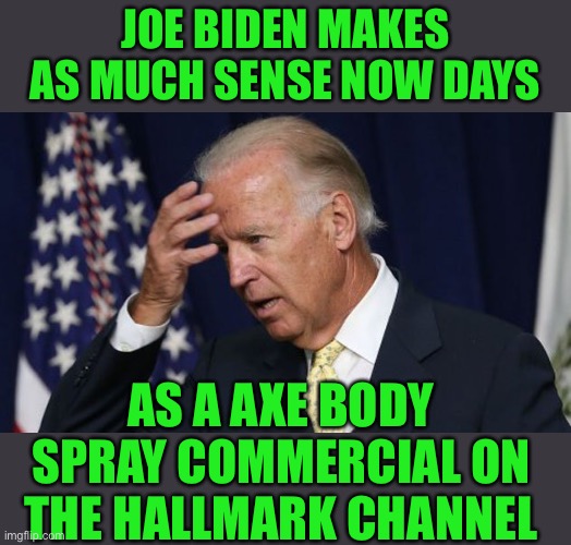 Yep | JOE BIDEN MAKES AS MUCH SENSE NOW DAYS; AS A AXE BODY SPRAY COMMERCIAL ON THE HALLMARK CHANNEL | image tagged in democrats,fascism | made w/ Imgflip meme maker