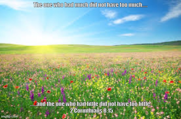 Thankfulness | The one who had much did not have too much..... ......and the one who had little did not have too little.               
  2 Corinthians 8:15 | image tagged in meadow1 | made w/ Imgflip meme maker