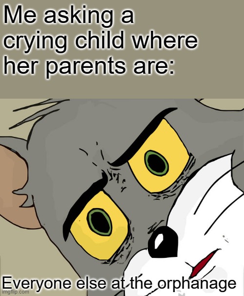 Unsettled Tom Meme | Me asking a crying child where her parents are:; Everyone else at the orphanage | image tagged in memes,unsettled tom | made w/ Imgflip meme maker