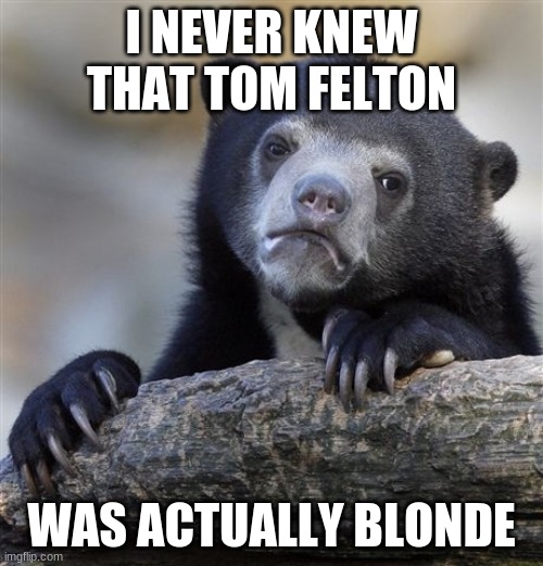 Or did he bleach his hair like that for his Draco Malfoy character? | I NEVER KNEW THAT TOM FELTON; WAS ACTUALLY BLONDE | image tagged in memes,confession bear,tom felton,draco malfoy,hair,blonde | made w/ Imgflip meme maker