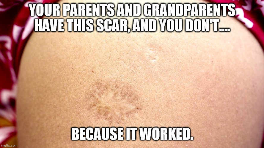 wake up dummies | YOUR PARENTS AND GRANDPARENTS HAVE THIS SCAR, AND YOU DON'T.... BECAUSE IT WORKED. | image tagged in vaccination | made w/ Imgflip meme maker