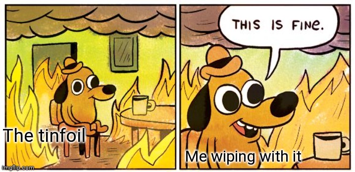 This Is Fine Meme | The tinfoil Me wiping with it | image tagged in memes,this is fine | made w/ Imgflip meme maker