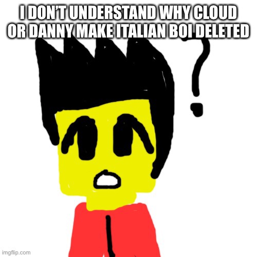 Lego anime confused face | I DON’T UNDERSTAND WHY CLOUD OR DANNY MAKE ITALIAN BOI DELETED | image tagged in lego anime confused face | made w/ Imgflip meme maker