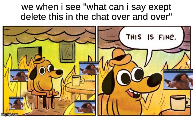 Can i get  "What can i say except delete this" in the chat? | we when i see "what can i say exept delete this in the chat over and over" | image tagged in memes,this is fine,what can i say except delete this,help me,meme | made w/ Imgflip meme maker