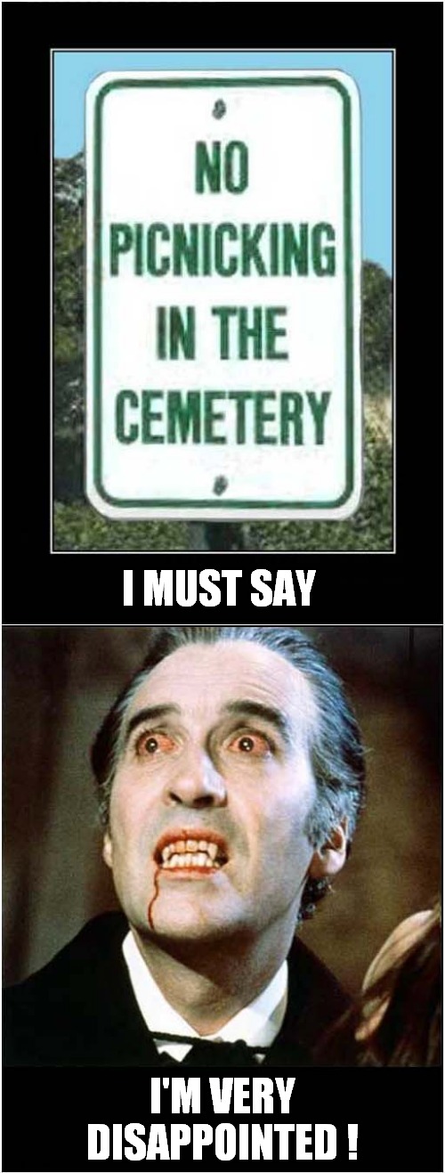 A Bad Sign For Count Dracula | I MUST SAY; I'M VERY DISAPPOINTED ! | image tagged in signs,picnics,count dracula,disappointed | made w/ Imgflip meme maker